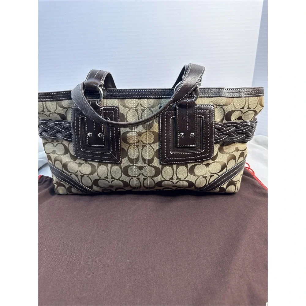 Vintage Y2K Coach Soho 5089 Signature Canvas Braided Leather Satchel Tote Brown